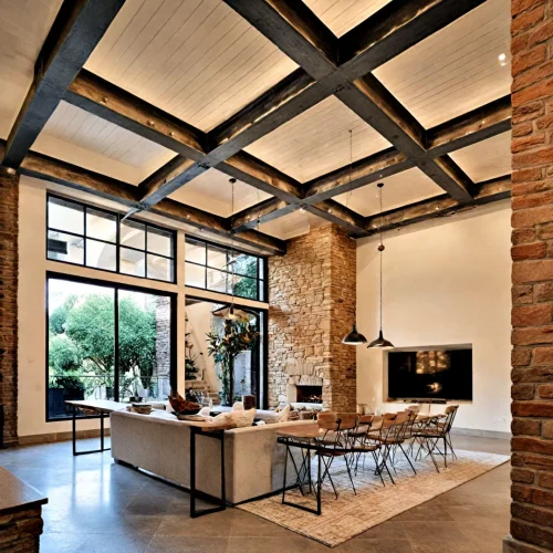 exposed steel ceiling beams add an industrial edge